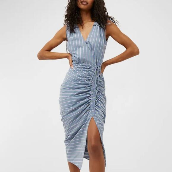 Veronica Beard Dresses & Skirts - NWT Veronica Beard Teagan Stripe Ruched V-Neck Midi Dress in Blue/Kelly Green